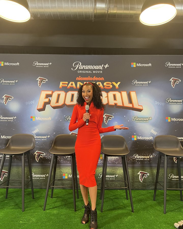 Chelsea moderating on stage at the Fantasy Football premiere
