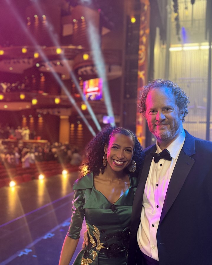 Chelsea and her co-host in the theater before the live broadcast